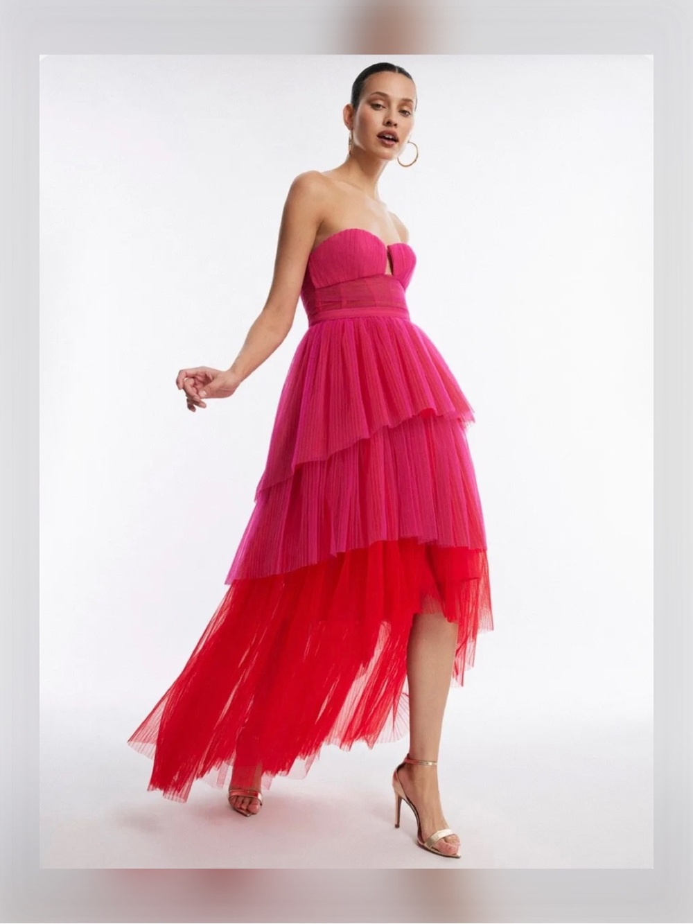 BCBGMazAzria Flora Strapless High-Low Tulle Gown In Raspberry - Picture 6 of 7